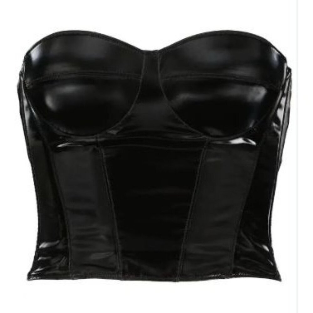 Rta Black Patent Leather Look Strapless Corset Top With Italian Fabric, S